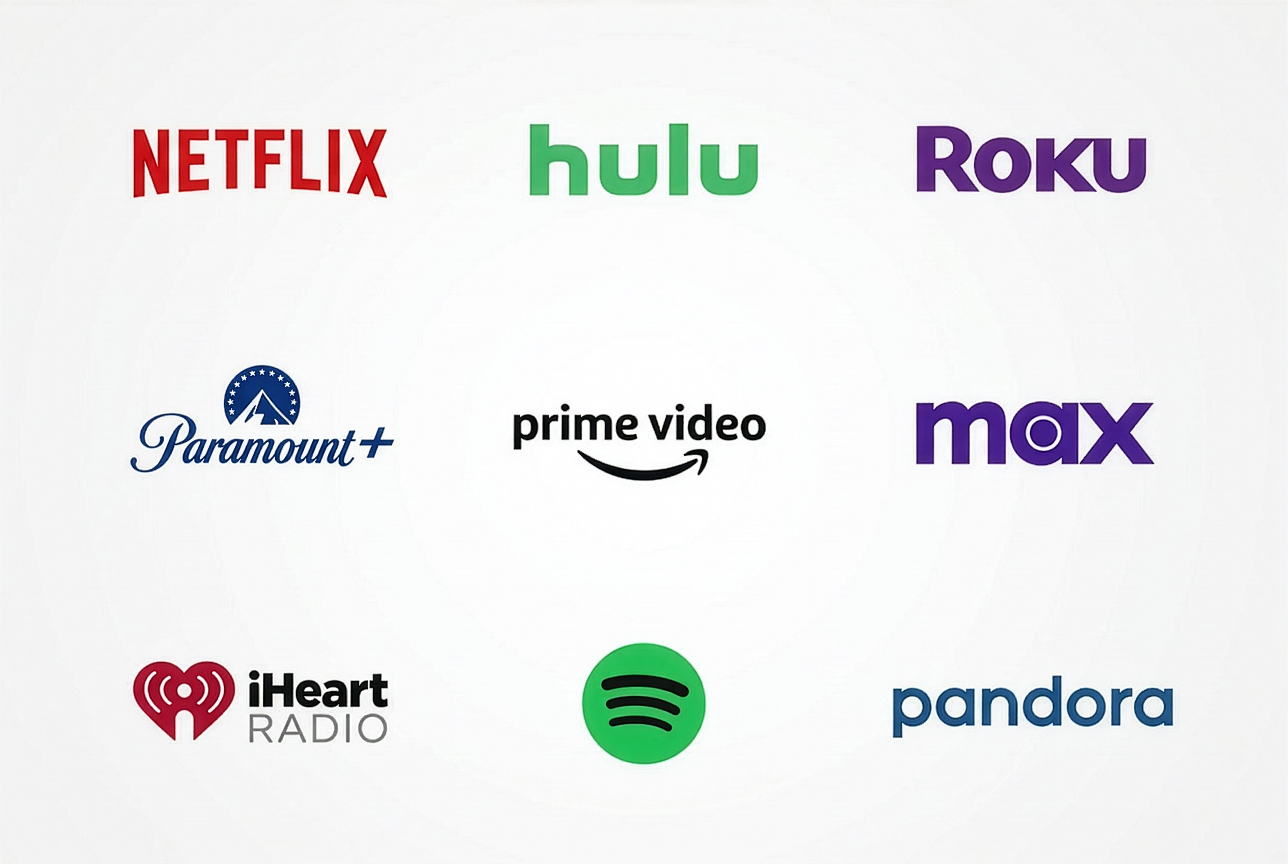 Connected TV and audio streaming platforms — Netflix, Hulu, Roku, Paramount+, Prime Video, Tubi, iHeart Radio, Spotify, Pandora